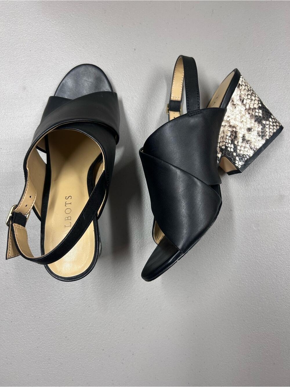 Talbots Amberley Sandal Black Slingback Snakeskin Block Heel Buckle Strap 8.5